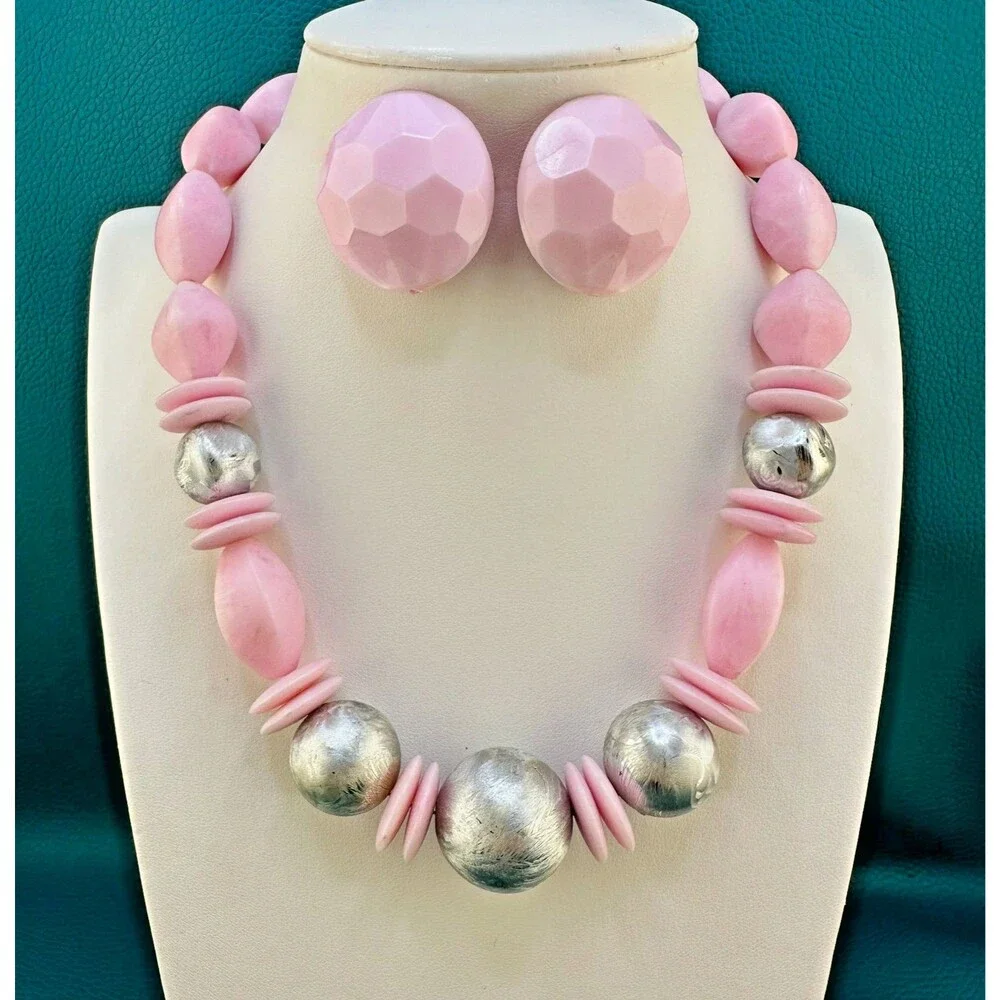 Vintage Necklace Earrings Set Pink Silver Tone Acrylic Chunky Bauble Bead Retro